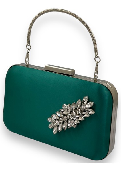 Yeşil Renk Saten Gümüş Kasalı Gümüş Taşlı Kulplu Saplı Abiye Gece Çantası Düğün Portföy fiyatları