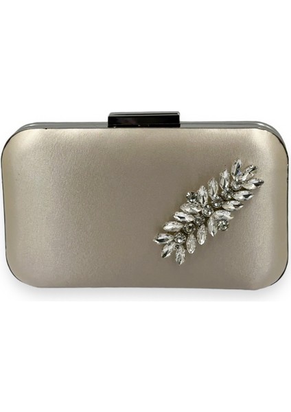 Ten Nude Renk Saten Gümüş Kasalı Gümüş Taşlı Abiye Çanta Gece Çantası Düğün Nişan Portföy