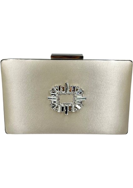 Ten Nude Renk Saten Gümüş Kasalı Gümüş Taşlı Abiye Çanta Gece Çantası Düğün Nişan Portföy