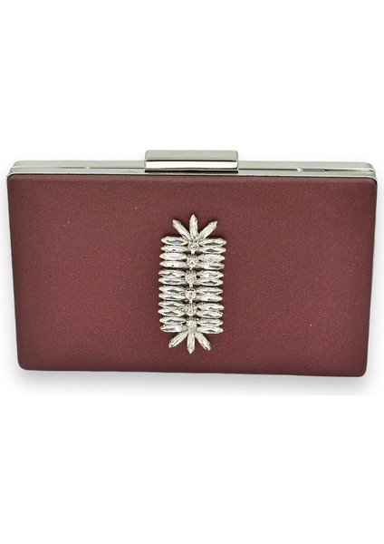 Bordo Renk Çizilmeyen Saten Gümüş Taşlı Abiye Çanta Düğün Nişan Çantası