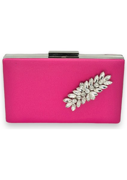 Pembe Renk Çizilmeyen Saten Gümüş Taşlı Abiye Çanta Düğün Nişan Çantası