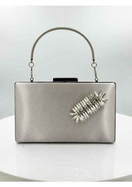 Vizon Renk Saten Gümüş Kasalı Gümüş Taşlı Abiye Çanta Gece Çantası Düğün Nişan Portföy