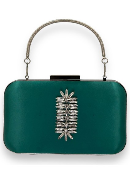 Yeşil Renk Saten Gümüş Kasalı Gümüş Taşlı Kulplu Saplı Abiye Gece Çantası Düğün Portföy