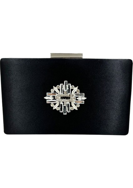 Siyah Renk Saten Gümüş Kasalı Gümüş Taşlı Abiye Çanta Gece Çantası Düğün Nişan Portföy
