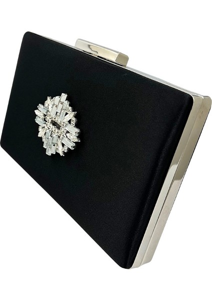 Siyah Renk Saten Gümüş Kasalı Gümüş Taşlı Abiye Çanta Gece Çantası Düğün Nişan Portföy fiyatları