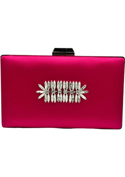 Fuşya Renk Saten Gümüş Kasalı Gümüş Taşlı Abiye Çanta Gece Çantası Düğün Nişan Portföy