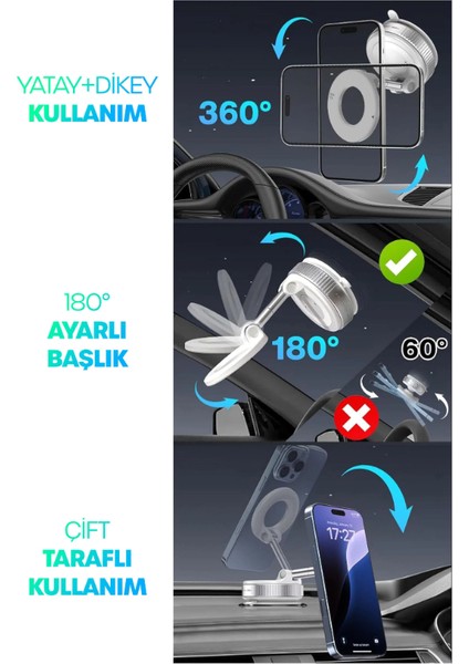 Magnetpro 360° Ayarlanabilir Vakumlu Mıknatıslı Magsafe Araç Içi ve Masa Üstü Telefon Tutucu Beyaz modelleri