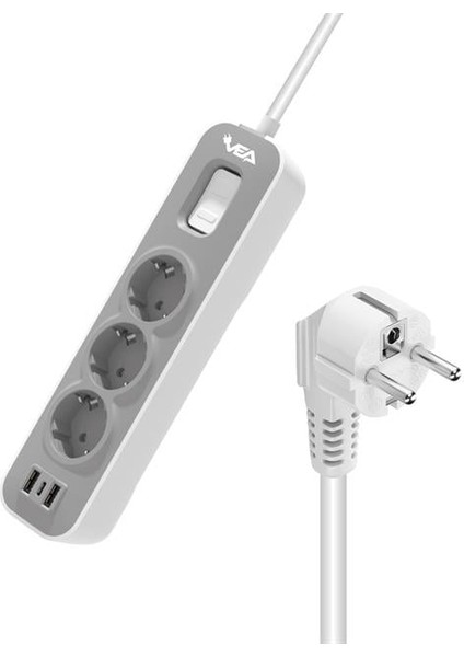 VE-NOVA103U A Class 3'lü 2 Usb'li Anahtarlı 1.5 Metre Akım Korumalı Priz