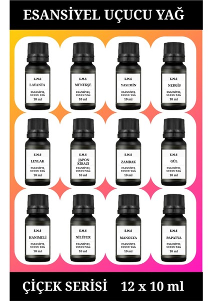 12 Adet Çiçek Kokulu Esansiyel Uçucu Yağ Buhurdanlık Yağı Difüzör Esansı Aromaterapi Yağı 12 X 10 ml