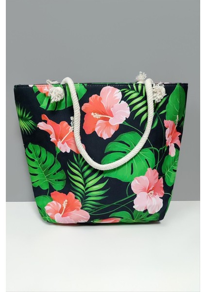 shop Yaprak Çiçek Desenli Plaj Çantası-Yeşil
