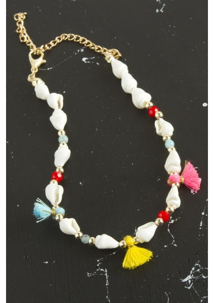 shop Deniz Kabuğu Püskül Boncuk Halhal-Beyaz