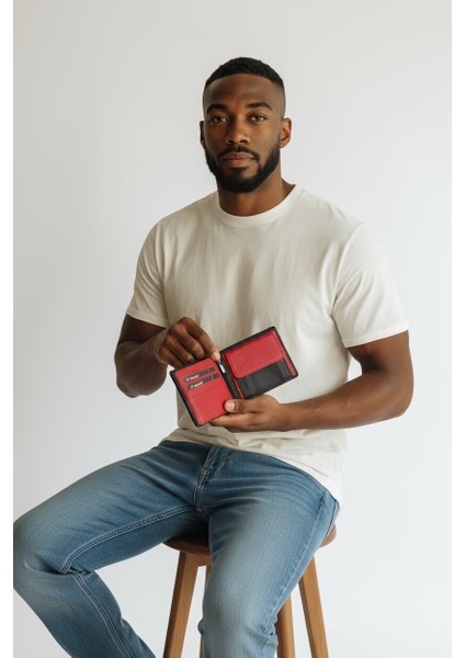 2903 1.Sınıf İşçilik Lüks Hakiki Gerçek Deri Kurumsal Hediye Fermuarlı Gizli Gözlü Lüks Astarlı Bozuk Para Cepli Altın Takı Koyma Gözlü Siyah Kırmızı Renk Gerçek Arsel Deri Erkek Cüzdan