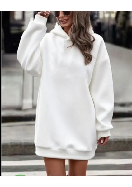 Büyük Beden Özel Tasarım Kapüşonlu Baskısız Düz Renk Kışlık Süper Rahat Kadın Hoodie Elbise