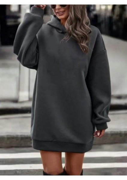 Büyük Beden Özel Tasarım Kapüşonlu Baskısız Düz Renk Kışlık Süper Rahat Kadın Hoodie Elbise