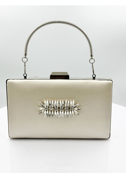 Ten Nude Renk Saten Gümüş Kasalı Gümüş Taşlı Abiye Çanta Gece Çantası Düğün Nişan Portföy
