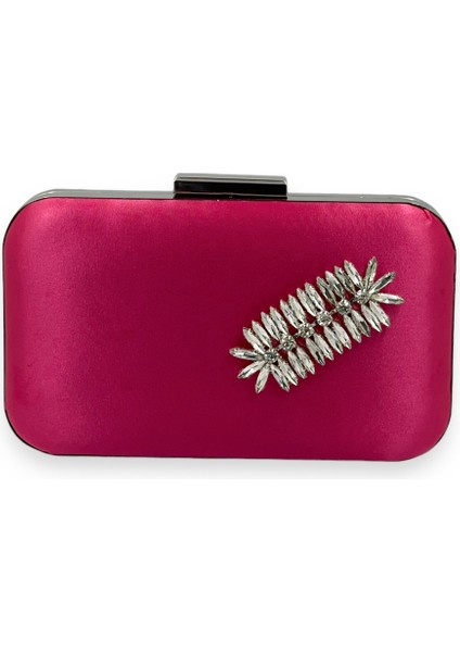 Fuşya Renk Saten Gümüş Kasalı Gümüş Taşlı Abiye Çanta Gece Çantası Düğün Nişan Portföy