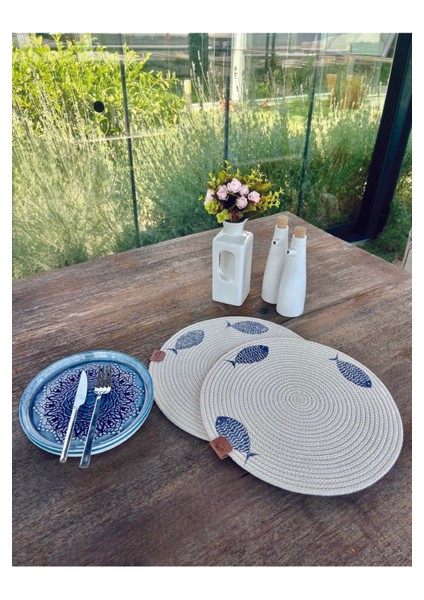 2'li Set Balıklar Işlemeli Amerikan Servis-Leke Tutmaz Natural 33 cm