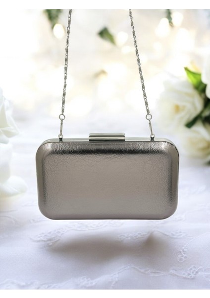 Antrasit Gri Platin Kırışık Cilt Deri Metalik Renk Zincir Askılı Abiye Çanta Düğün Nişan Mezuniyet indirimleri