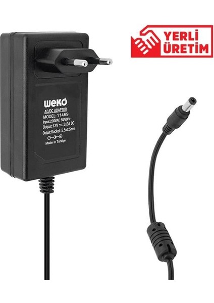 12 Volt 3.2 Amper 38 Watt Plastik Kasa Priz Tipi Adaptör (5.5x2.5 Uçlu)