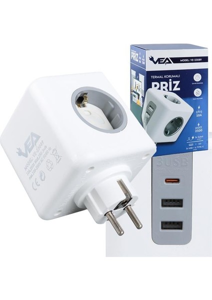 VE-23089 2x USB 1x Type-C 3'lü Çocuk ve Termal Korumalı Grup Priz