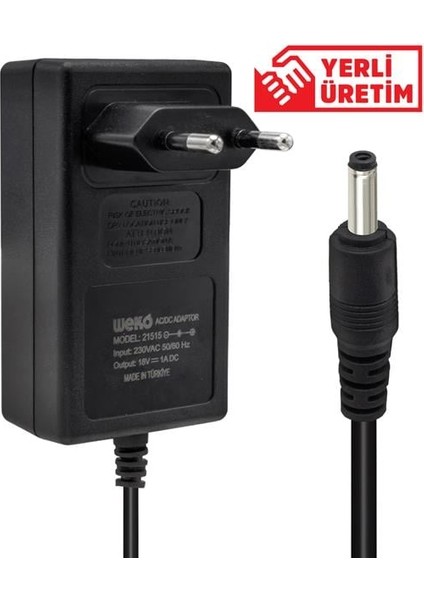 18 Volt 1 Amper Plastik Kasa Priz Tipi Adaptör 3.5*1.35 Uç