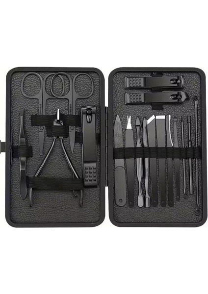 SN-27099 Siyah Paslanmaz Çelik 18IN1 Profesyonel Manikür Tırnak Bakım Seti