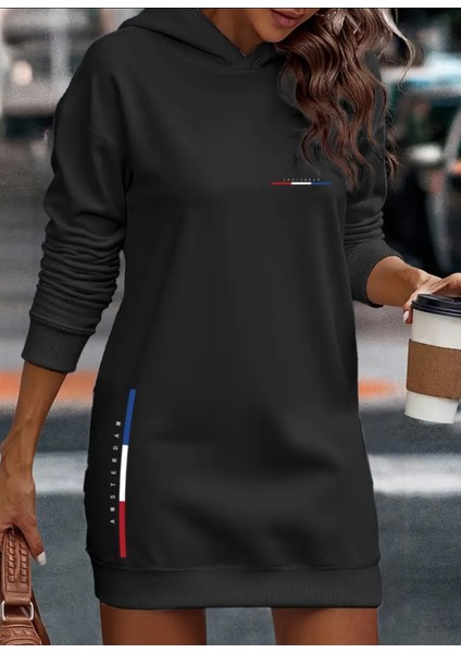 Büyük Beden Özel Tasarım Kapüşonlu Amsterdam Baskılı Kışlık Şık Kadın Hoodie Elbise