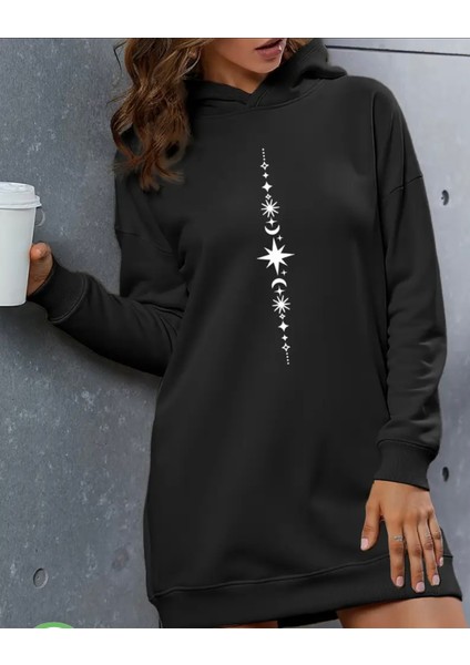 Büyük Beden Kapüşonlu Dikey Tattoo Baskılı Kışlık Yeni Trend Kadın Spor Hoodie Elbise