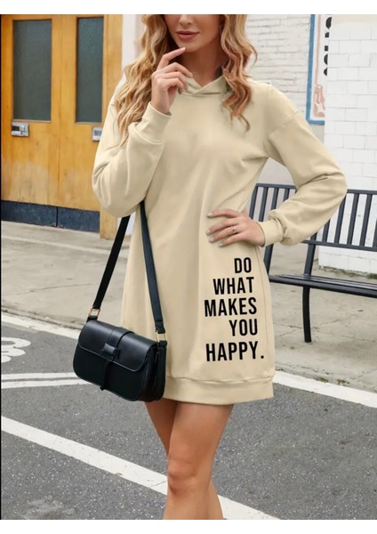 Büyük Beden Özel Tasarım Kapüşonlu You Happy Baskılı Kışlık Spor Kadın Hoodie Elbise
