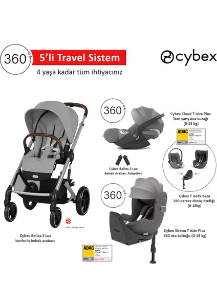5 Li Travel Sistem Indirimi Cybex Balios S Lux Stone Grey + Cybex Cloud T 360 Isize + Cybex Sirona T 360 Isize + Cybex T Isofix Baza+ Cybex Balios Adaptör