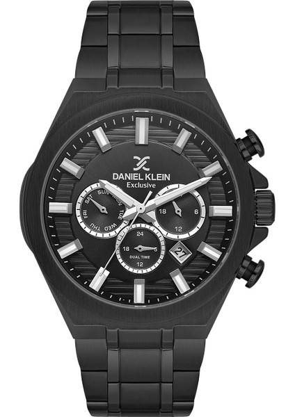 DKE.3.10026.5 Premium Koyu Siyah Fonksiyonlu Takvimli Çelik Kordonlu Erkek Kol Saati