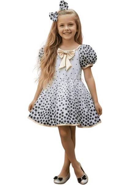 Siyah Puantiyeli Tüllü Beyaz Elbise