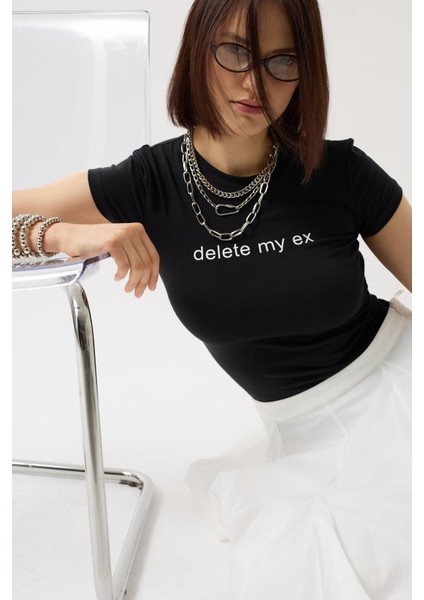 Baskılı Likralı Crop T-Shirt