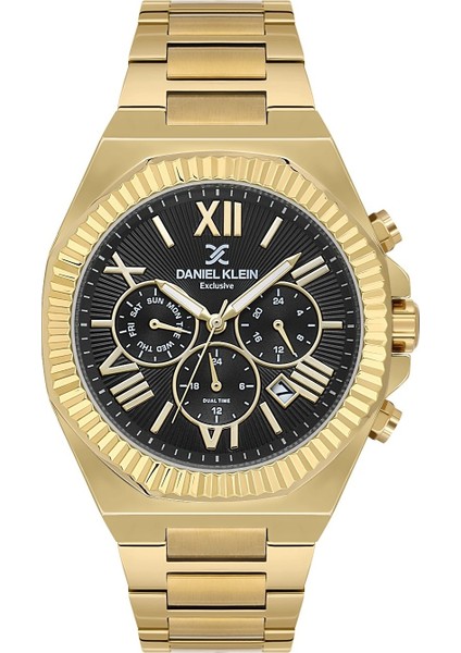 DKE.1.14075.7 Altın Gold Siyah Roma Rakamlı Çizgili Maskülen Model Çelik Kordonlu Erkek Kol Saati