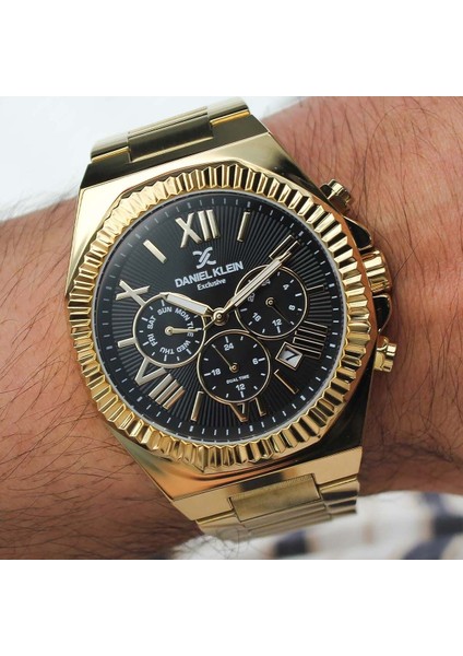 DKE.1.14075.7 Altın Gold Siyah Roma Rakamlı Çizgili Maskülen Model Çelik Kordonlu Erkek Kol Saati modelleri
