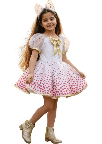 Kırmızı Puantiyeli Tüllü Beyaz Elbise