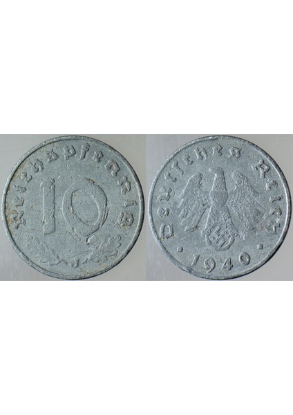 Almanya 10 Pfennig 1940 J. Ikinci Dünya Savaşı Nazi Dönemi. Gamalı Haç. Çinko.