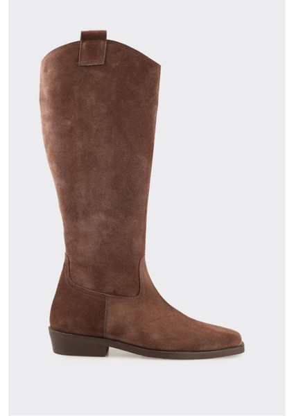 Kahve Deri Kadın Düz Çizme