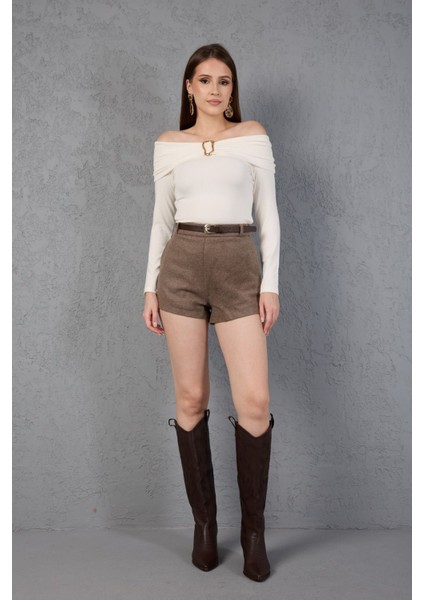 Kemerli Kaşe Mini Şort