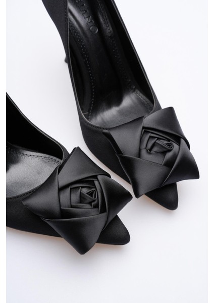 Kadın Nubuk Yüksek Topuklu Ayakkabı 9.5 cm Saten Fiyonklu Siyah Roselle