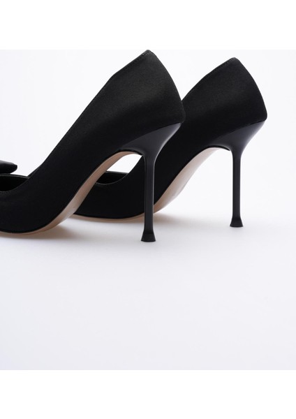 Kadın Nubuk Yüksek Topuklu Ayakkabı 9.5 cm Saten Fiyonklu Siyah Roselle modelleri