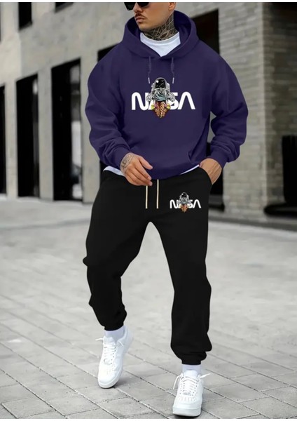 Punıx Büyük Beden Modern Tasarım Kapüşonlu Nasa Baskılı Oversize Kışlık Erkek Eşofman Takımı