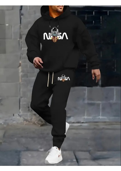 Punıx Büyük Beden Modern Tasarım Kapüşonlu Nasa Baskılı Oversize Kışlık Erkek Eşofman Takımı