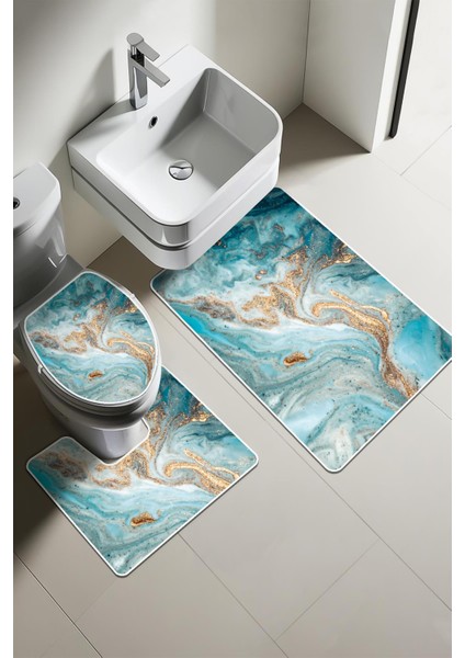 Modern Desenli 3’lü Banyo Paspas Takımı Yıkanabilir Kaymaz Tabanlı Klozet Takımı KLZ0052