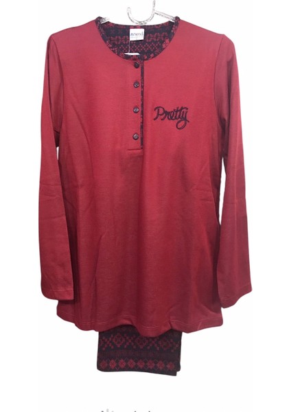 Kadın Uzun Kollu Patlı Kalın Kışlık % 100 Pamuk Pijama TAKIMI-14744