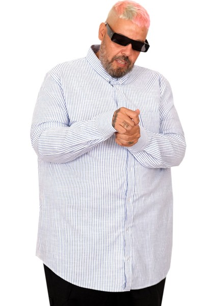 Büyük Beden Erkek Gömlek Uzun Kol Keten Cepli Mavi 20384 modelleri