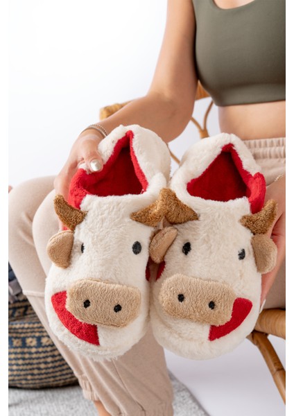 Inek Figürlü Yumuşak Peluş Panduf – Kadın Ev Terliği