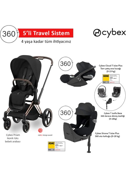 5 Li Travel Sistem Indirimi Cybex Priam Rose Gold + Cybex Cloud T 360 Isize + Cybex Sirona T 360 Isize + Cybex T Isofix Baza