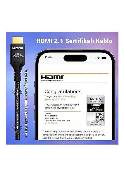 8k HDMI 2.1 Kablo 5m Sertifikalı 10K 8k 4K Hdmı® Kablo Ultra Yüksek Hızlı 1440P@240/165/144/120Hz 48GBPS Örgülü Hdcp 2.2 Dolby Atmos Vision Earc HDR10+ Tv Monitör Soundbar Ps5 fiyatları