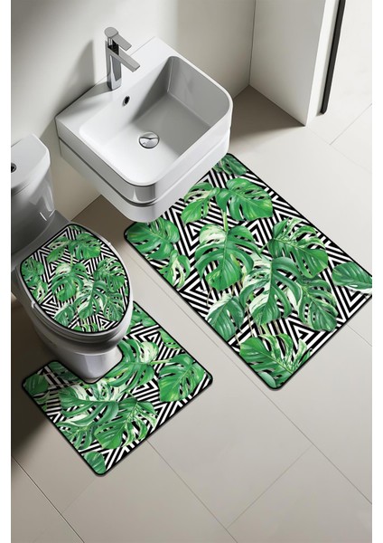 Modern Desenli 3’lü Banyo Paspas Takımı Yıkanabilir Kaymaz Tabanlı Klozet Takımı KLZ0051